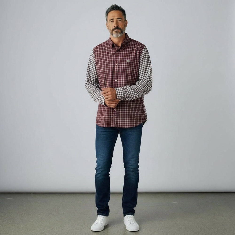 Lacoste Men's Maroon and White Plaid Shirt